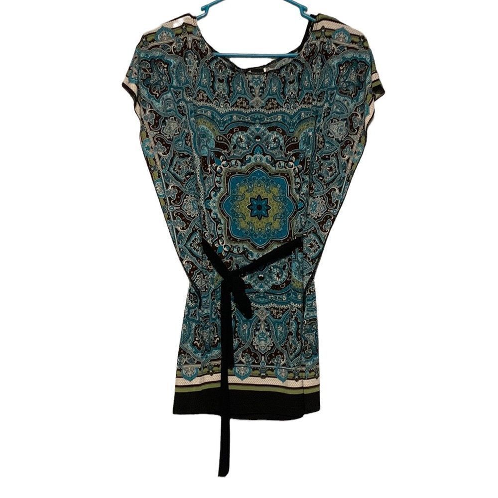 Blouse Top Women’s Size Small Green Blue Belted Short Sleeve Stretch
